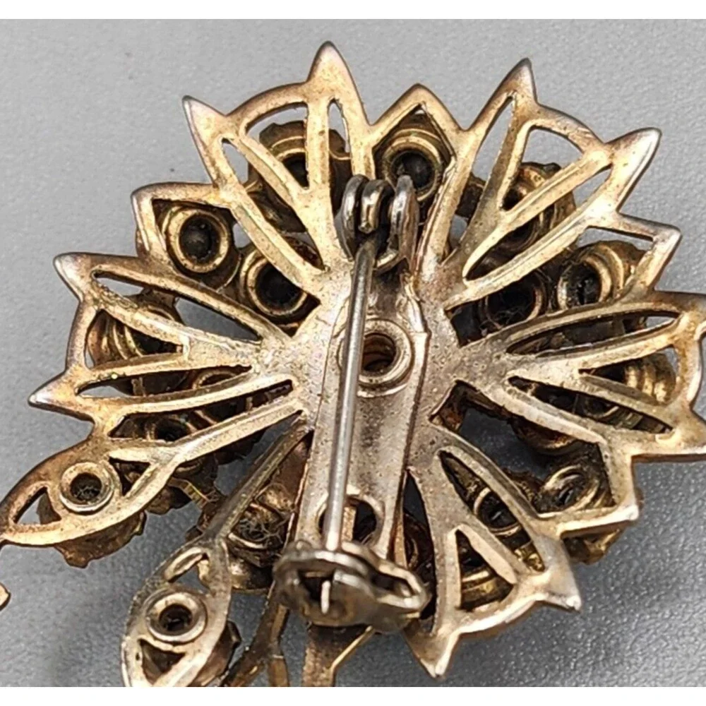 Vintage Lapel Brooch Pin Triple Layer Blue Rhinestone Crystal Flower Gold Tone